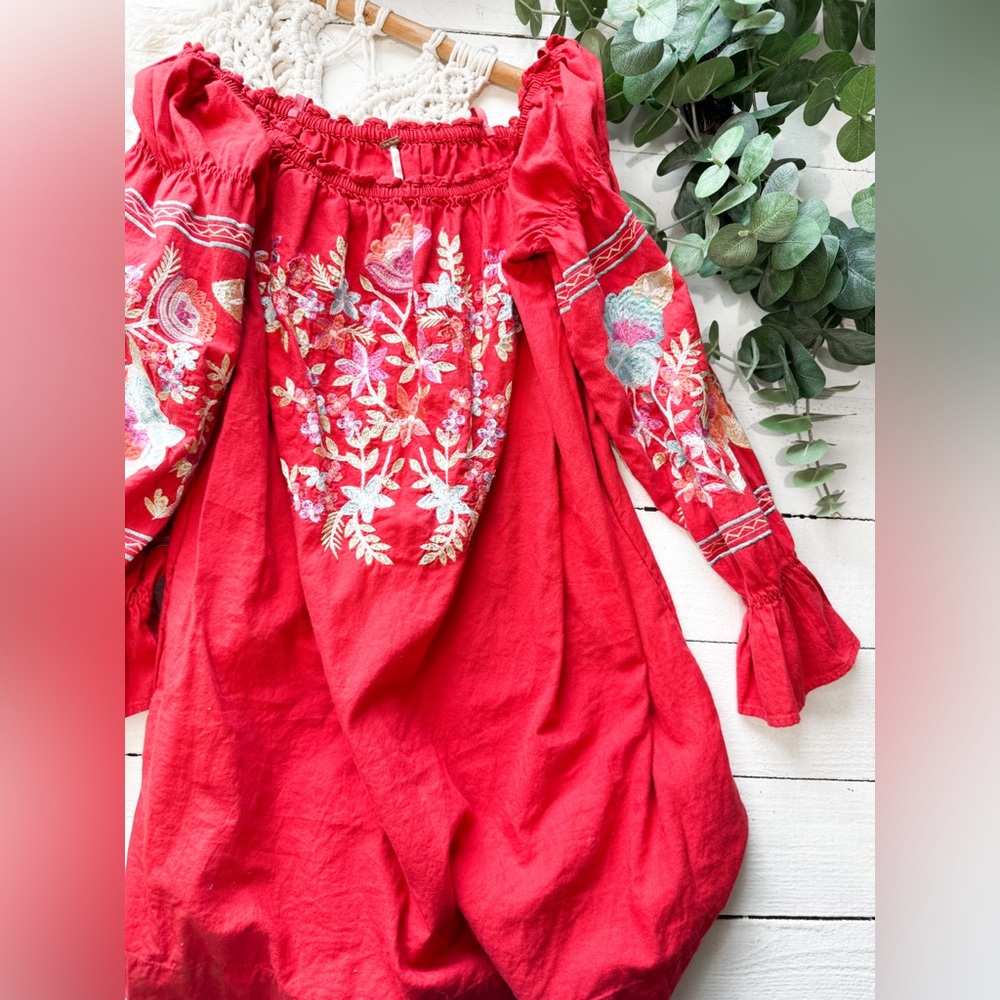 Free People Red One-Shoulder Embroidered Mini Dress